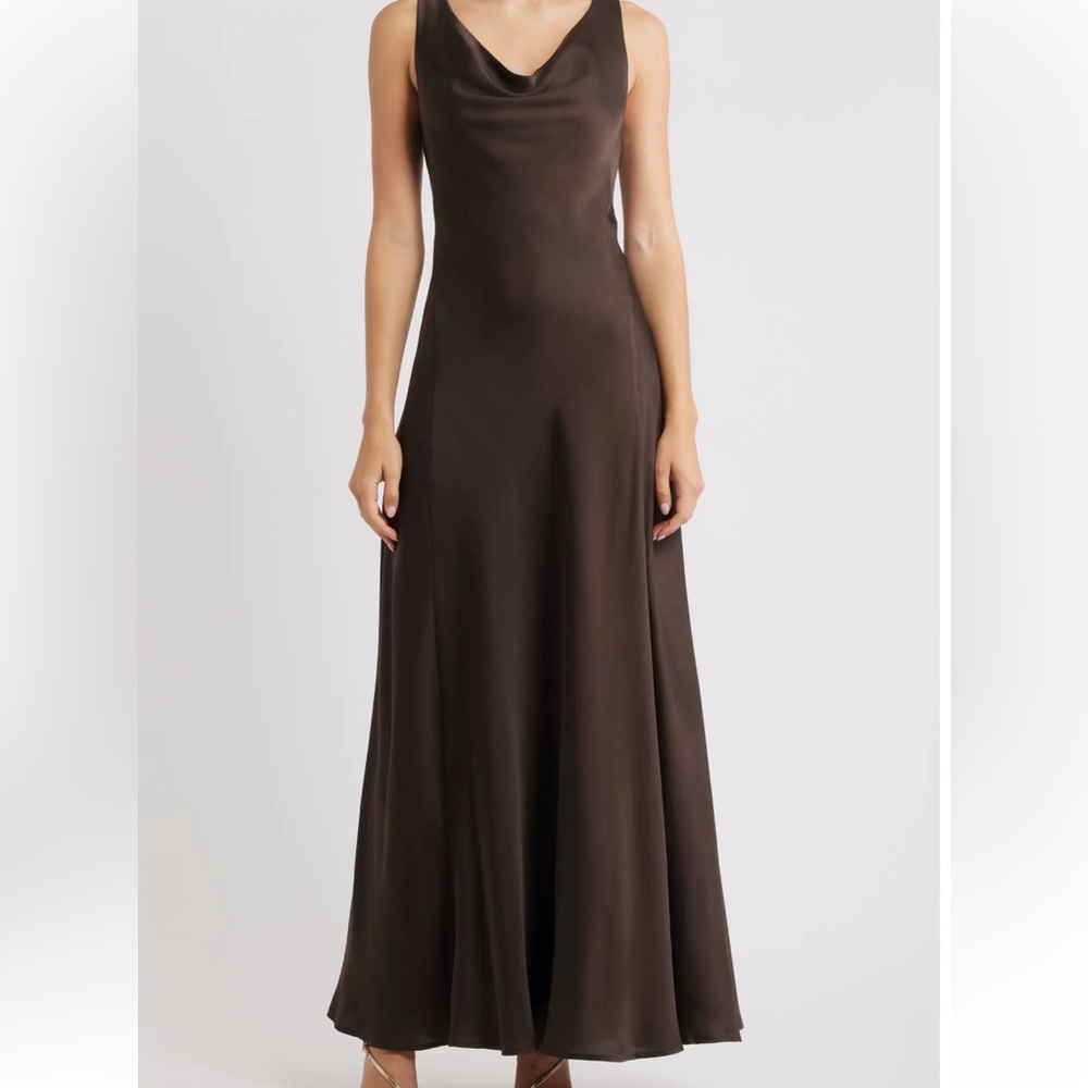 Women WYAF Tala cowl neck satin dress in chocolate brown Small